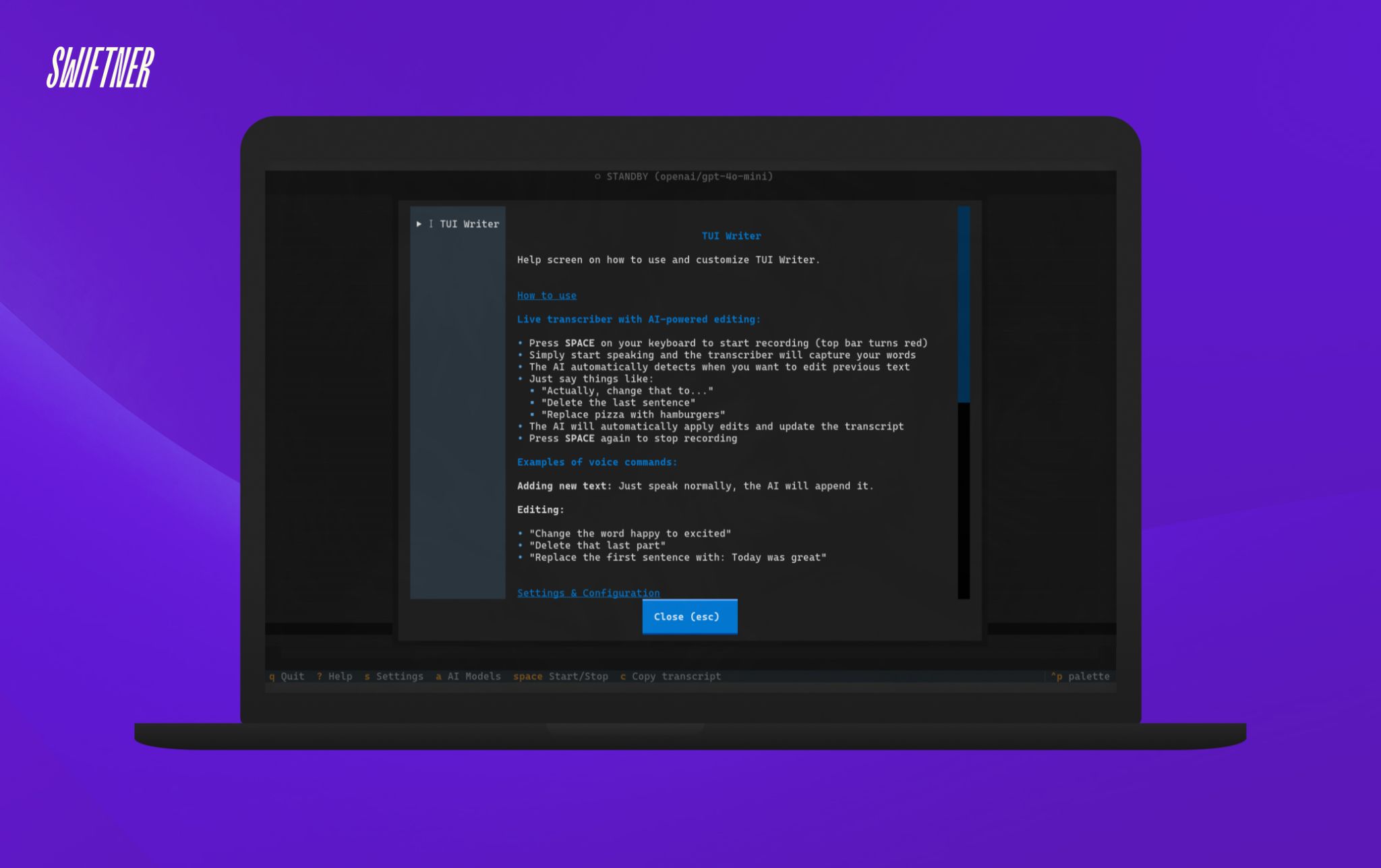 Screenshot of the TUI Writer Tool on purple background!